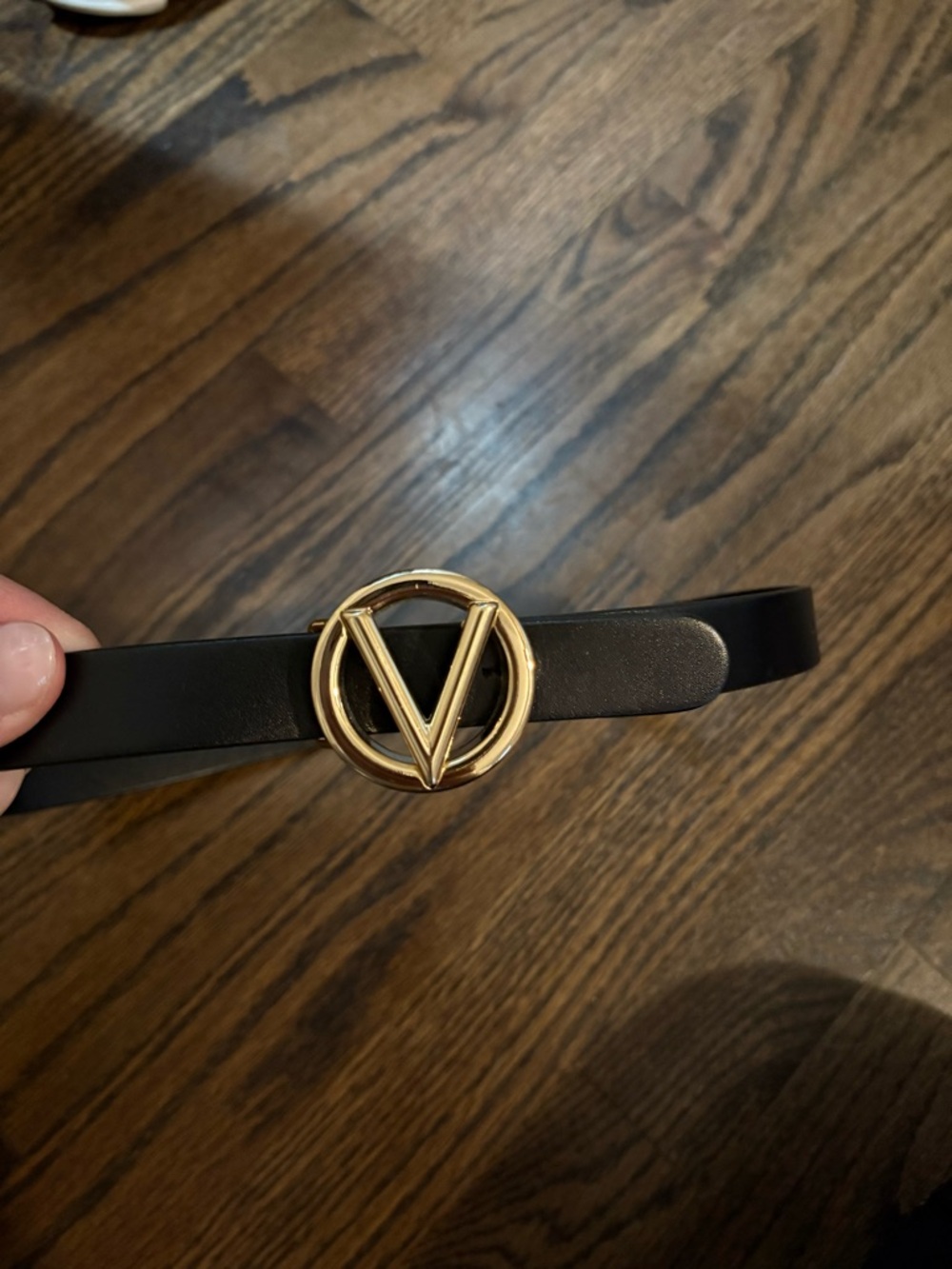 Valentino Black Leather Belt with Gold V Logo Buckle